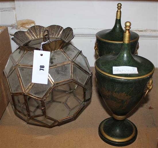 2 toleware lidded pots and a glass light